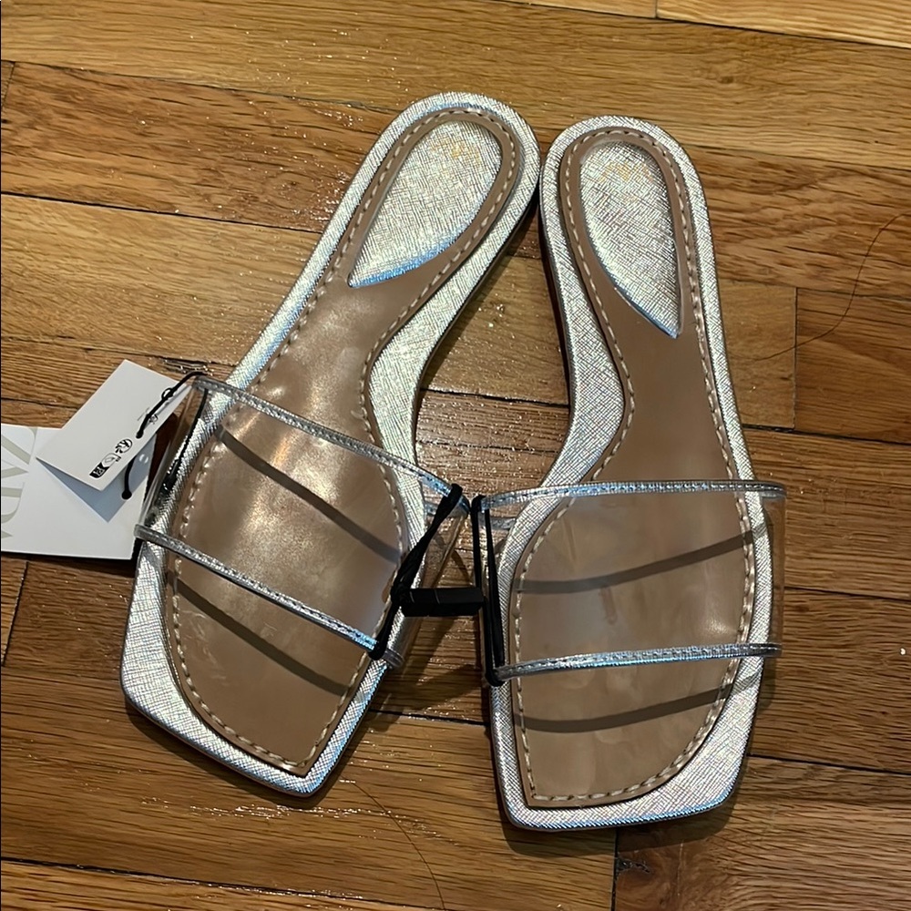 Zara Silver Sandals Minimalist Slide Design Clear Vinyl  PVC Size 8 39